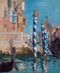 : A bright, impressionist painting of a canal with posts in water and several gondolas, with buildings along the edges.