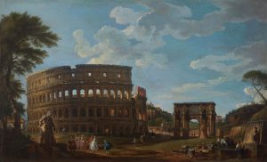 - ‘View of the Colosseum and the Arch of Constantine’ by Giovanni Paolo Panini. A painting with a tan, circular, open-air structure, approximately 4 stories in height, with walls made up of joined archways. This building takes up the left middle of the painting and, in front of it, is a group of extravagantly dressed men and women looking at a larger-than-life statue of a highly muscled man. To the right of the building is a large archway, approximately 2 to 3 stories tall, covered in carvings and with 4 figures across the top.