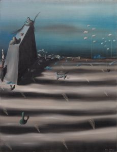 A surreal painting of sandy beach with a grey monument and abstract animal and humanoid figures.