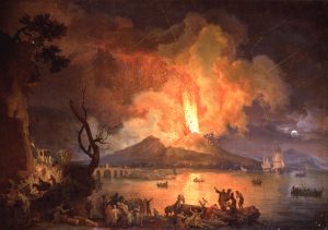 A painting of a volcano erupting at night, viewed across a body of water, covering the scene with a red-orange glow